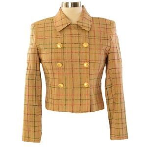 80s Vintage Dupioni Silk Plaid Cropped Blazer Womens 4 S Double Breasted Jacket